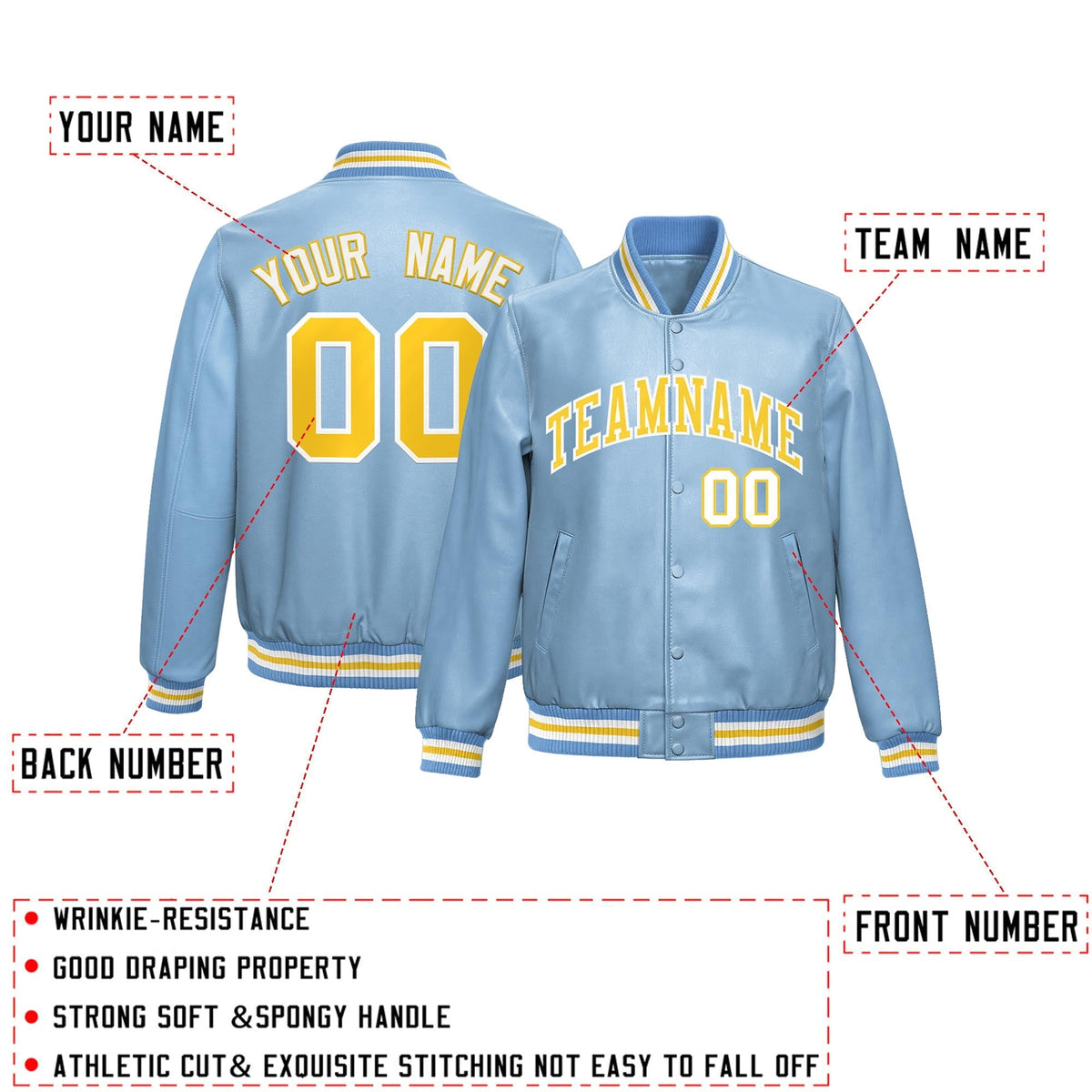 Custom Powder Blue Gold Full-Snap Varsity Faux Leather Letterman Jacket| KXKSHOP