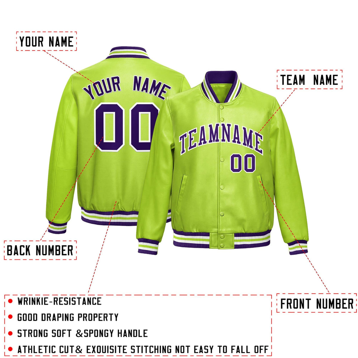 Custom Neon Green Purple Full-Snap Varsity Faux Leather Letterman Jacket| KXKSHOP