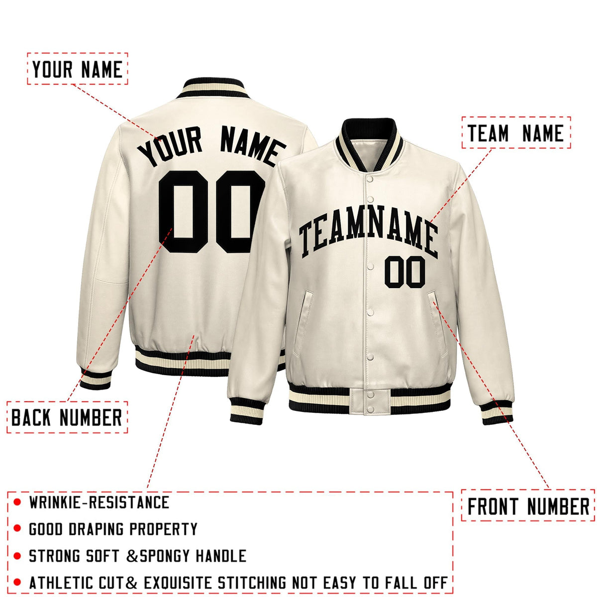 Custom Cream Black Full-Snap Varsity Faux Leather Letterman Jacket| KXKSHOP