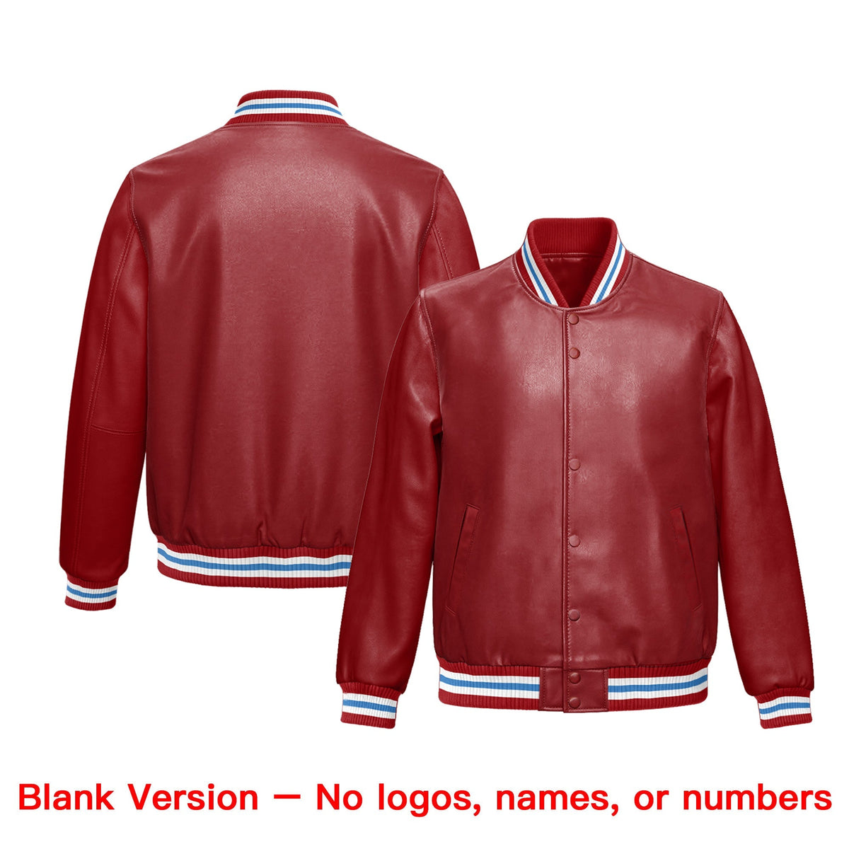 Custom Red Light Blue Full-Snap Varsity Faux Leather Letterman Jacket| KXKSHOP