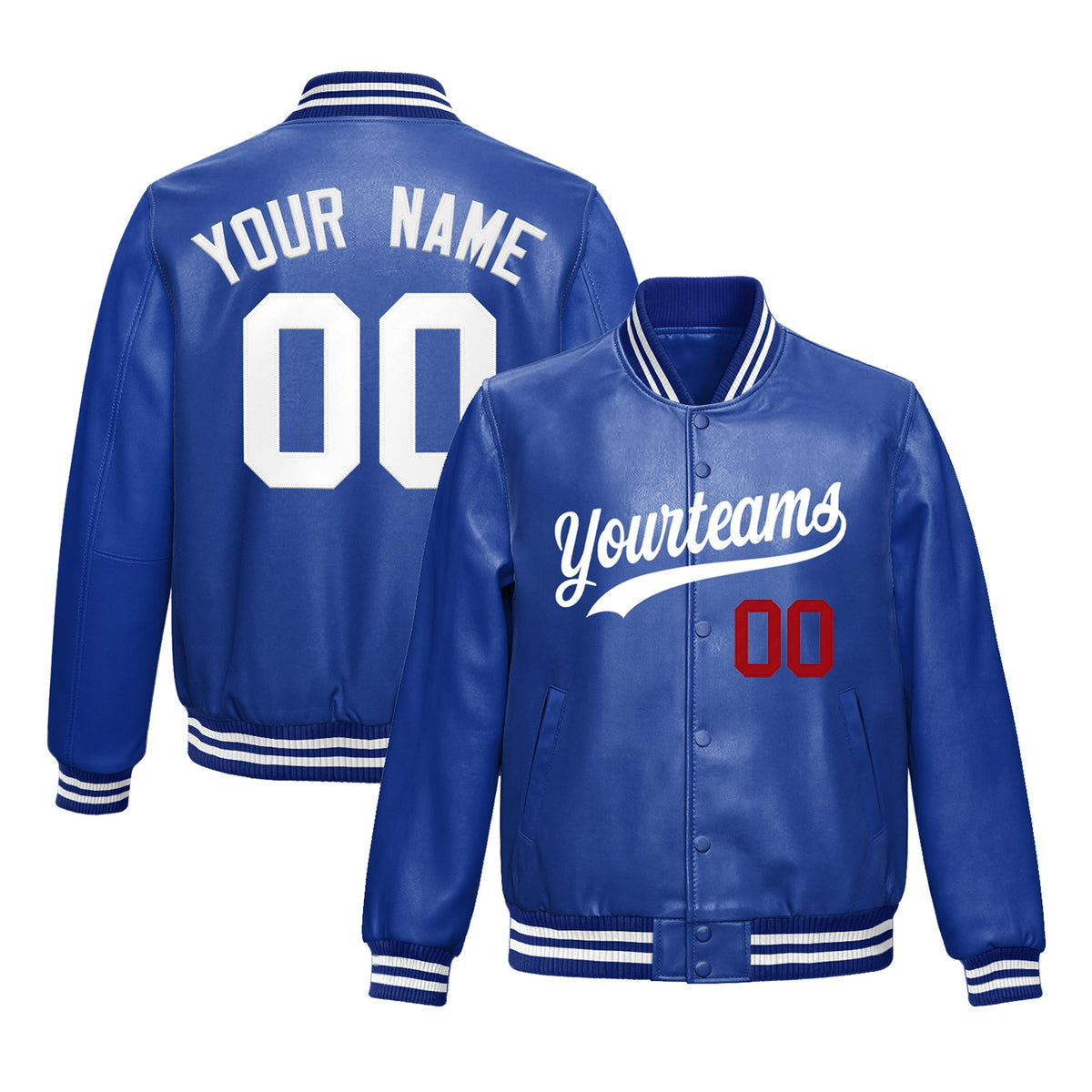 Custom Royal Blue White Full-Snap Varsity Faux Leather Letterman Jacket| KXKSHOP