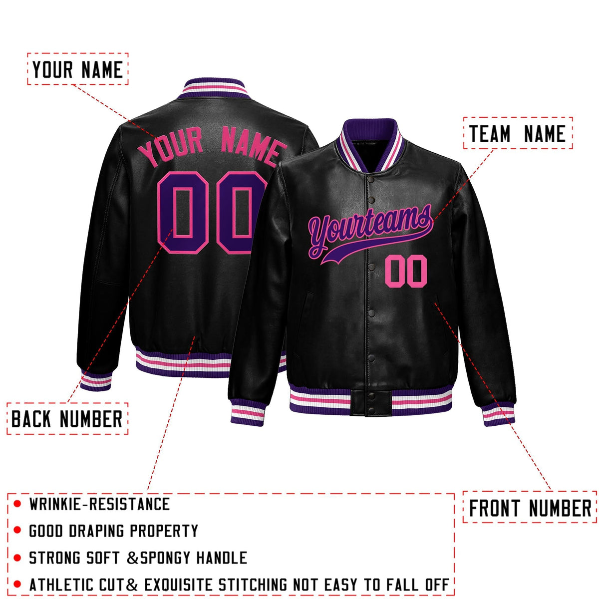 Custom Black Purple Pink Full-Snap Varsity Faux Leather Letterman Jacket| KXKSHOP