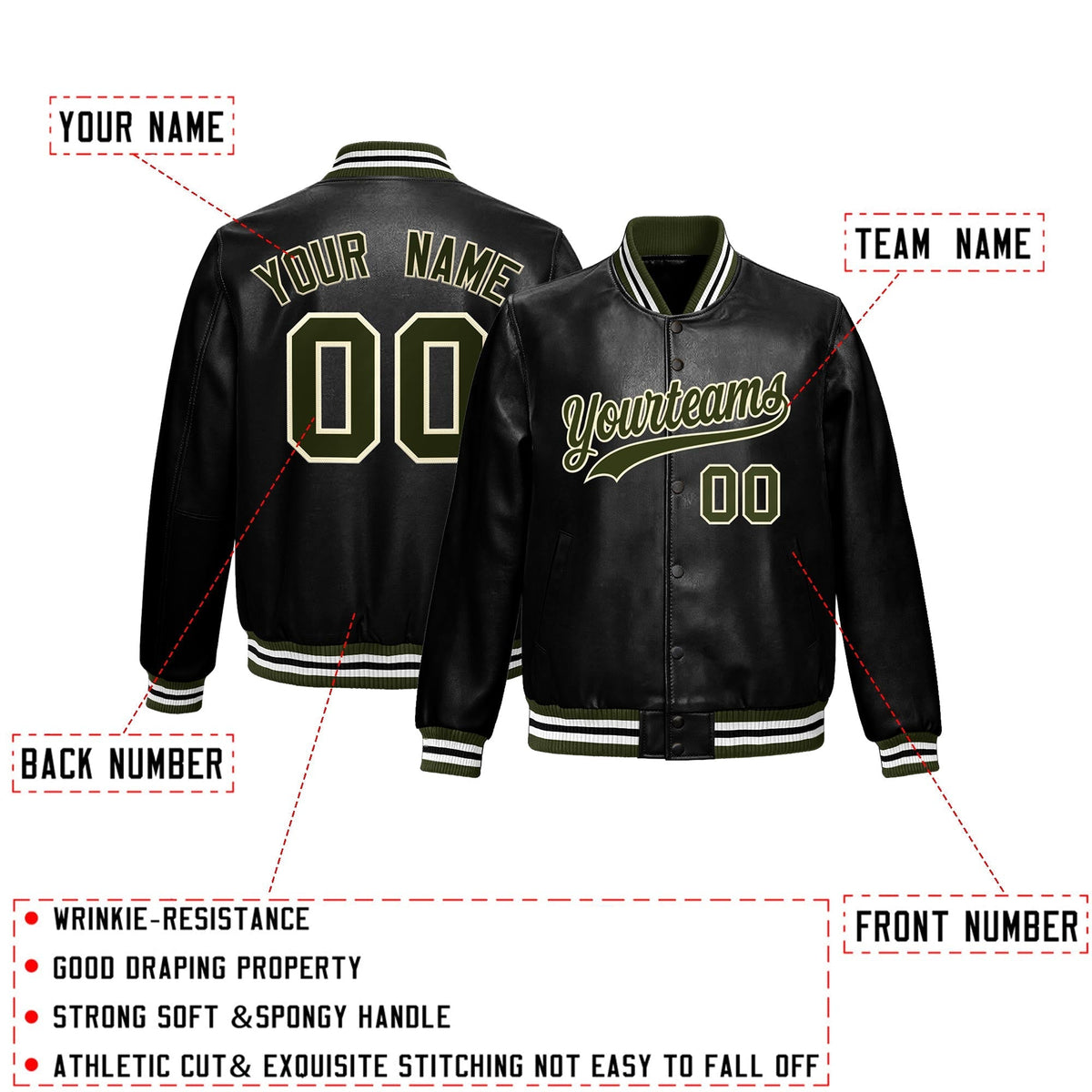 Custom Black Olive Full-Snap Varsity Faux Leather Letterman Jacket| KXKSHOP