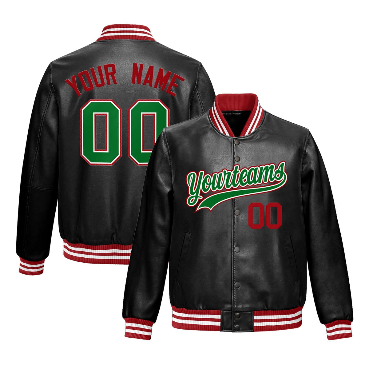 Custom Black Red Kelly Green Full-Snap Varsity Faux Leather Letterman Jacket| KXKSHOP
