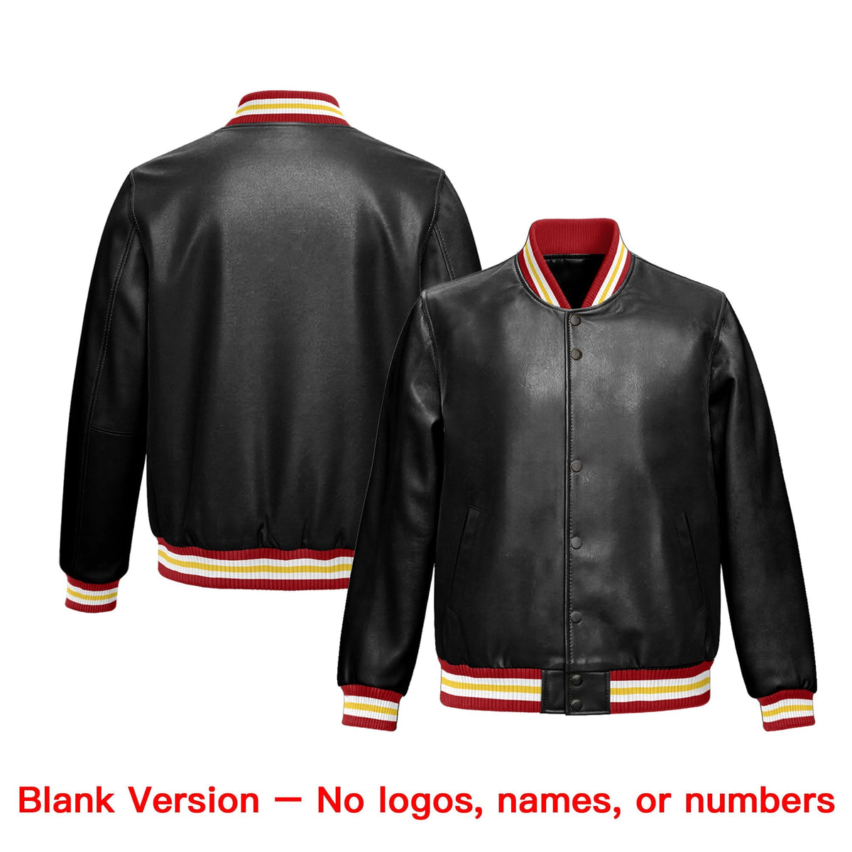 Custom Black Red Gold Full-Snap Varsity Faux Leather Letterman Jacket| KXKSHOP