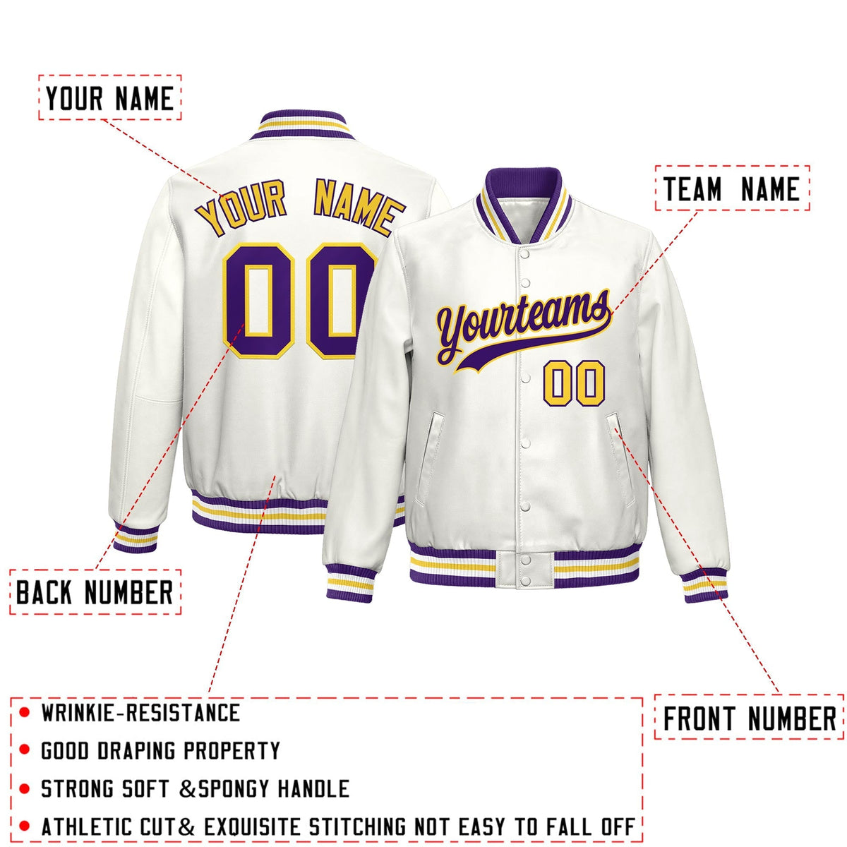 Custom White Purple Yellow Full-Snap Varsity Faux Leather Letterman Jacket| KXKSHOP