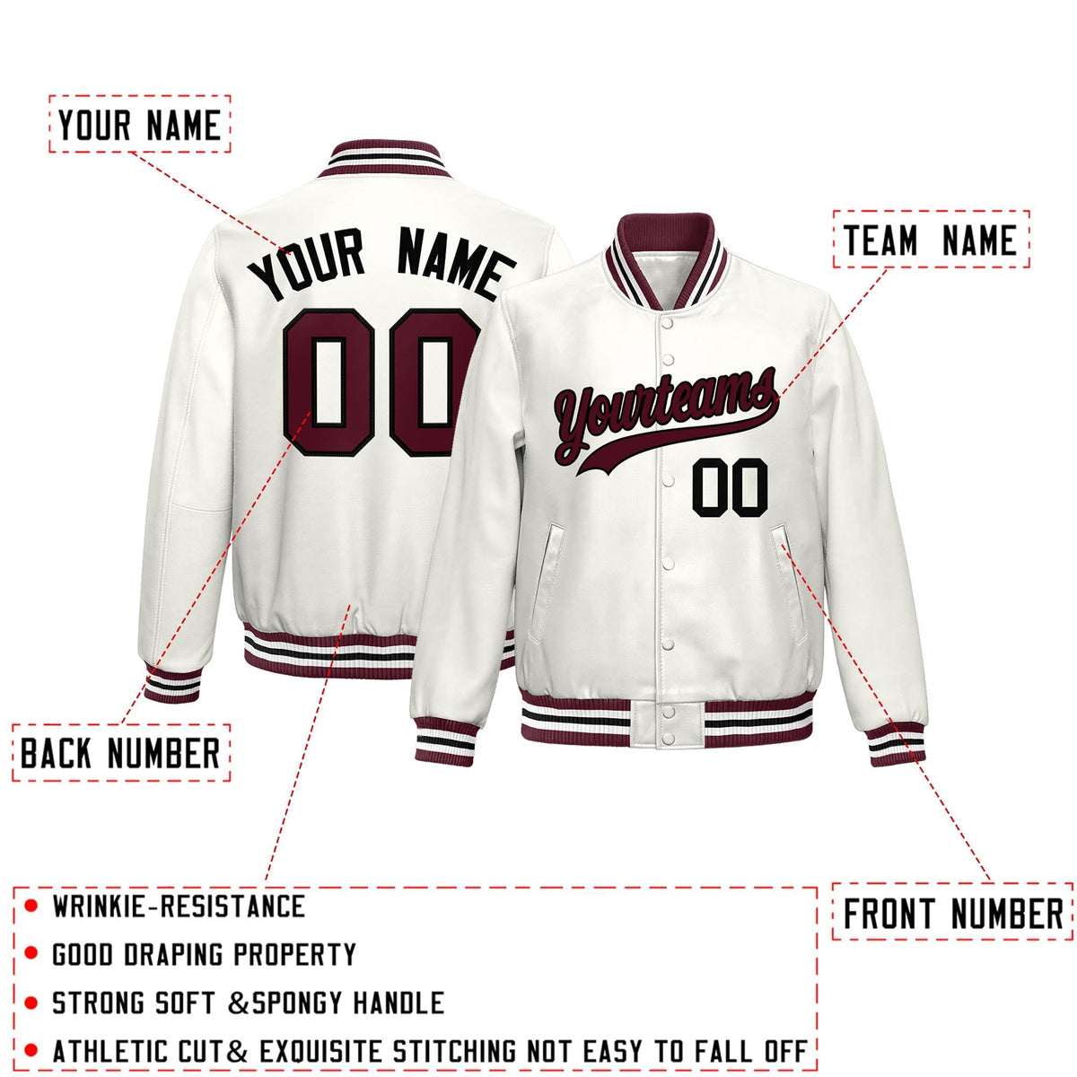 Custom White Crimson Full-Snap Varsity Faux Leather Letterman Jacket| KXKSHOP