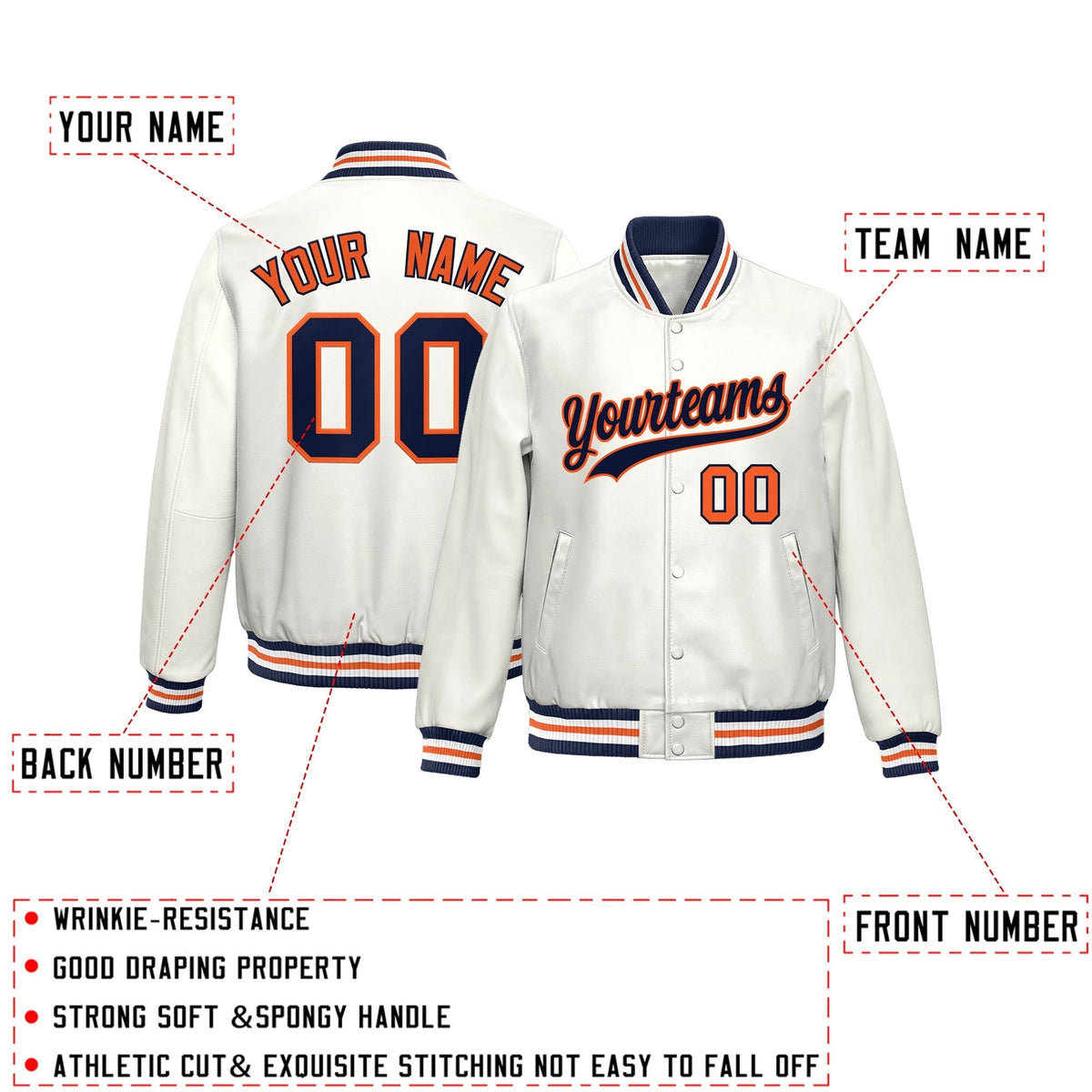Custom White Navy Orange Full-Snap Varsity Faux Leather Letterman Jacket| KXKSHOP