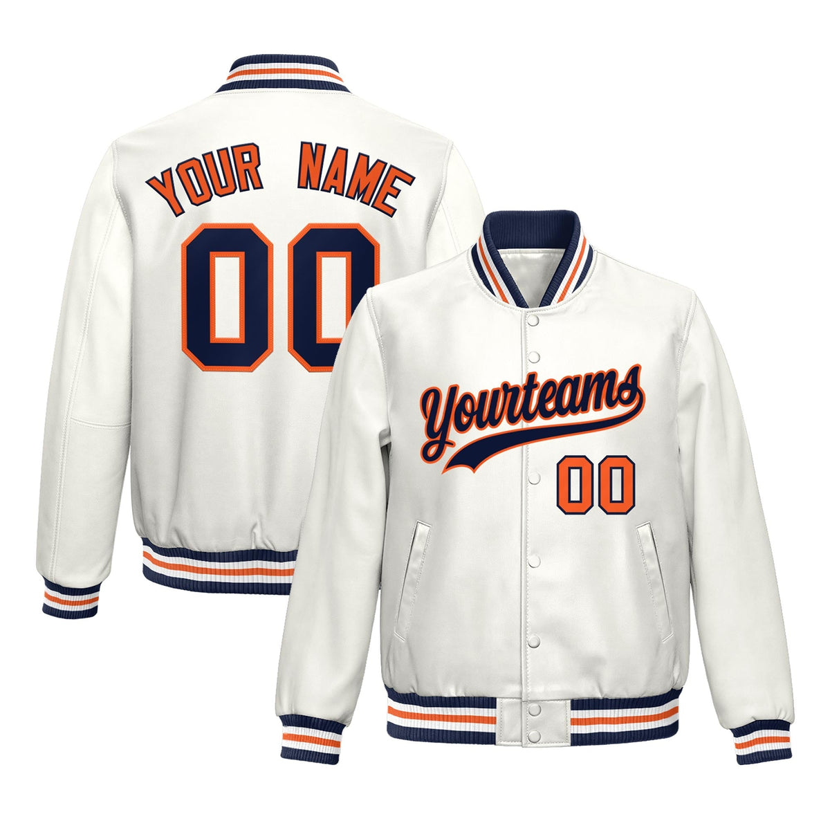 Custom White Navy Orange Full-Snap Varsity Faux Leather Letterman Jacket| KXKSHOP
