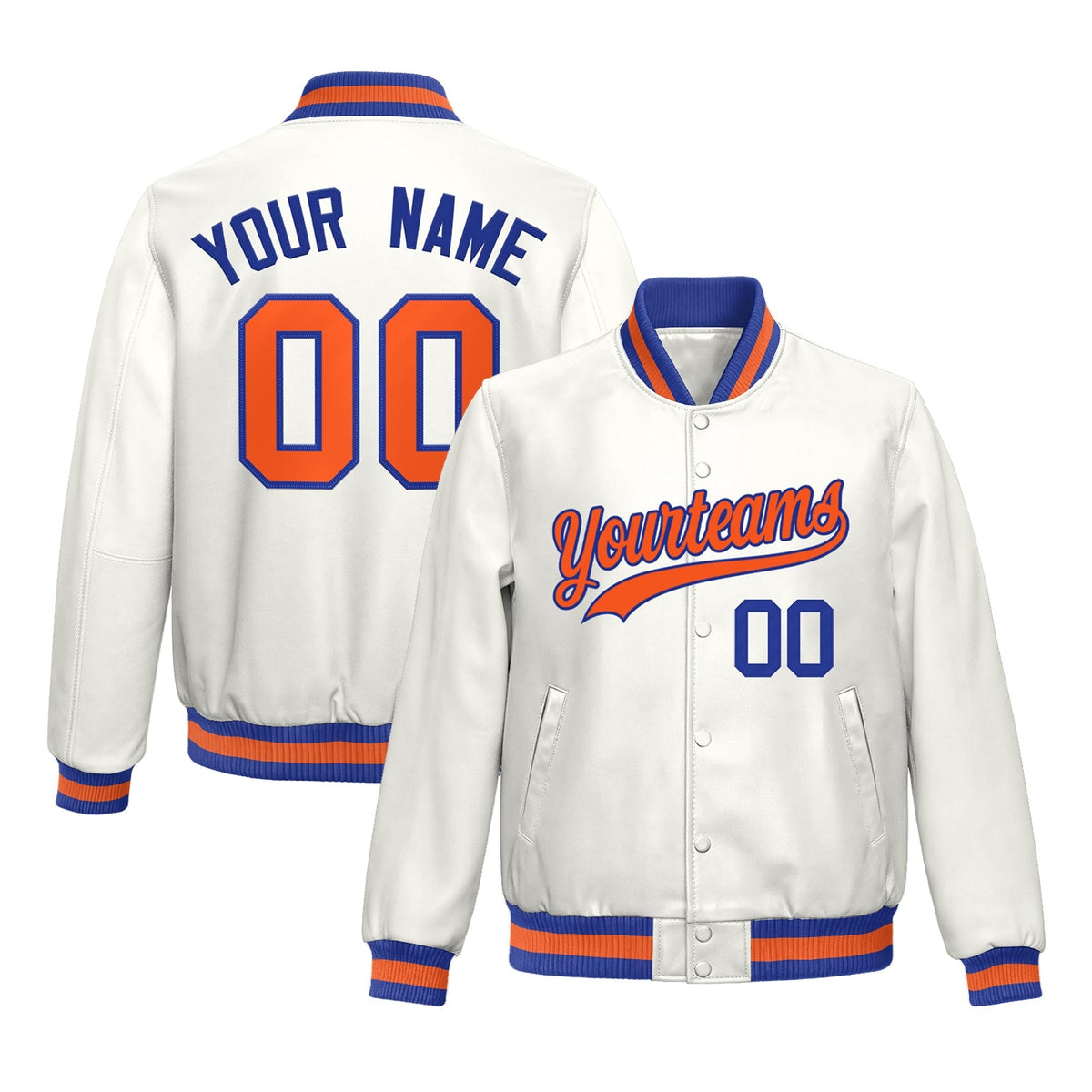 Custom White Royal Blue Orange Full-Snap Varsity Faux Leather Letterman Jacket| KXKSHOP