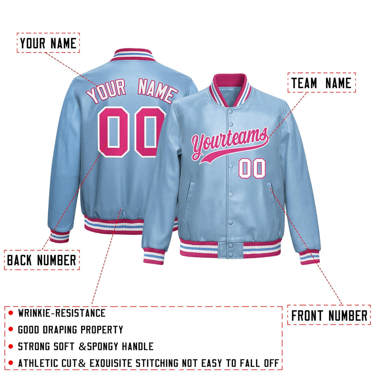 Custom Powder Blue Pink Full-Snap Varsity Faux Leather Letterman Jacket| KXKSHOP