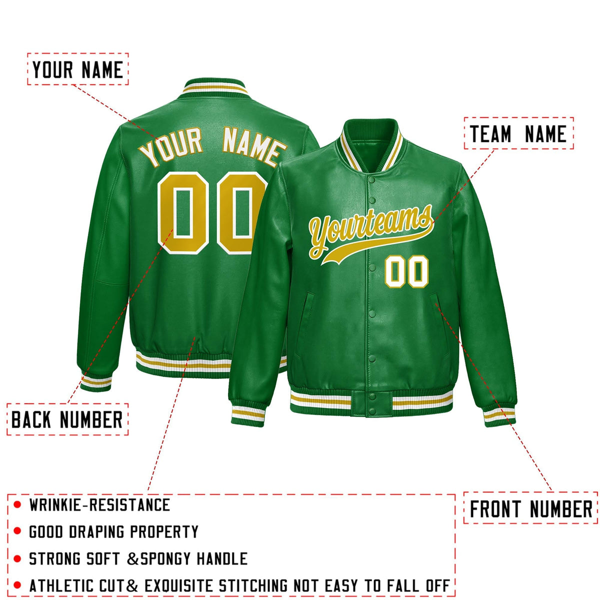 Custom Kelly Green Old Gold Full-Snap Varsity Faux Leather Letterman Jacket| KXKSHOP