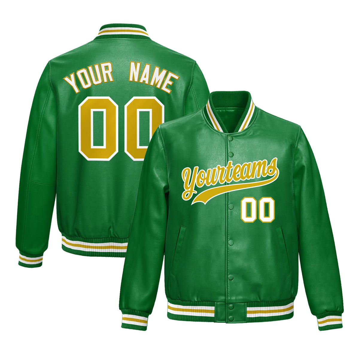 Custom Kelly Green Old Gold Full-Snap Varsity Faux Leather Letterman Jacket| KXKSHOP