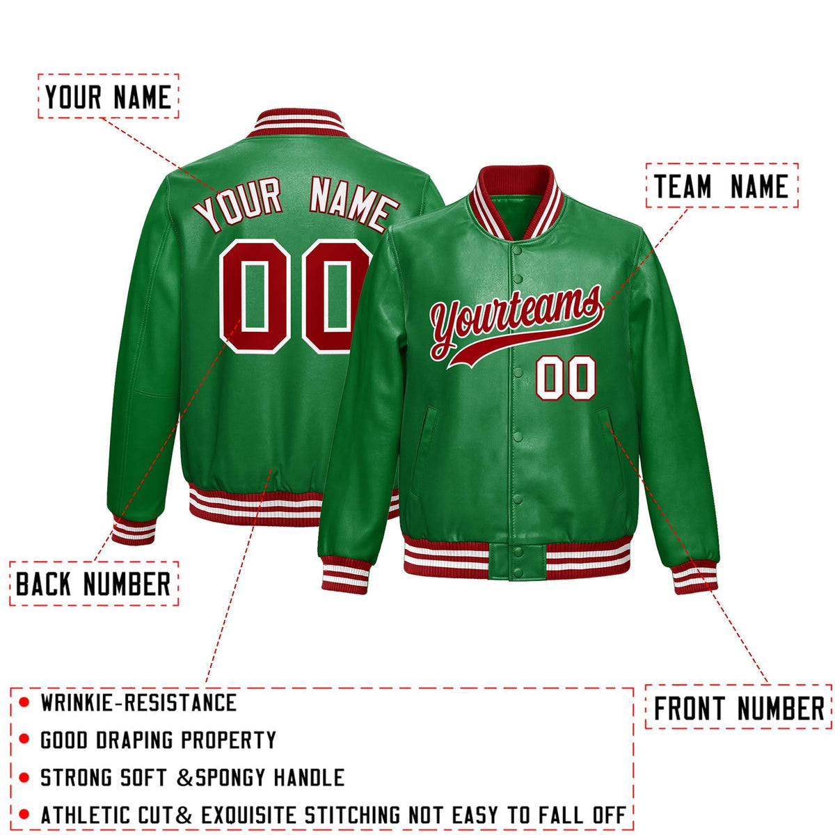 Custom Kelly Green Red Full-Snap Varsity Faux Leather Letterman Jacket| KXKSHOP