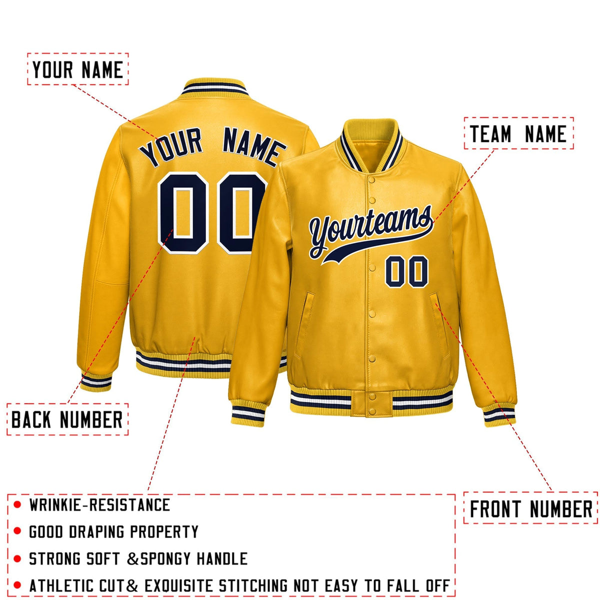 Custom Yellow Navy Full-Snap Varsity Faux Leather Letterman Jacket| KXKSHOP