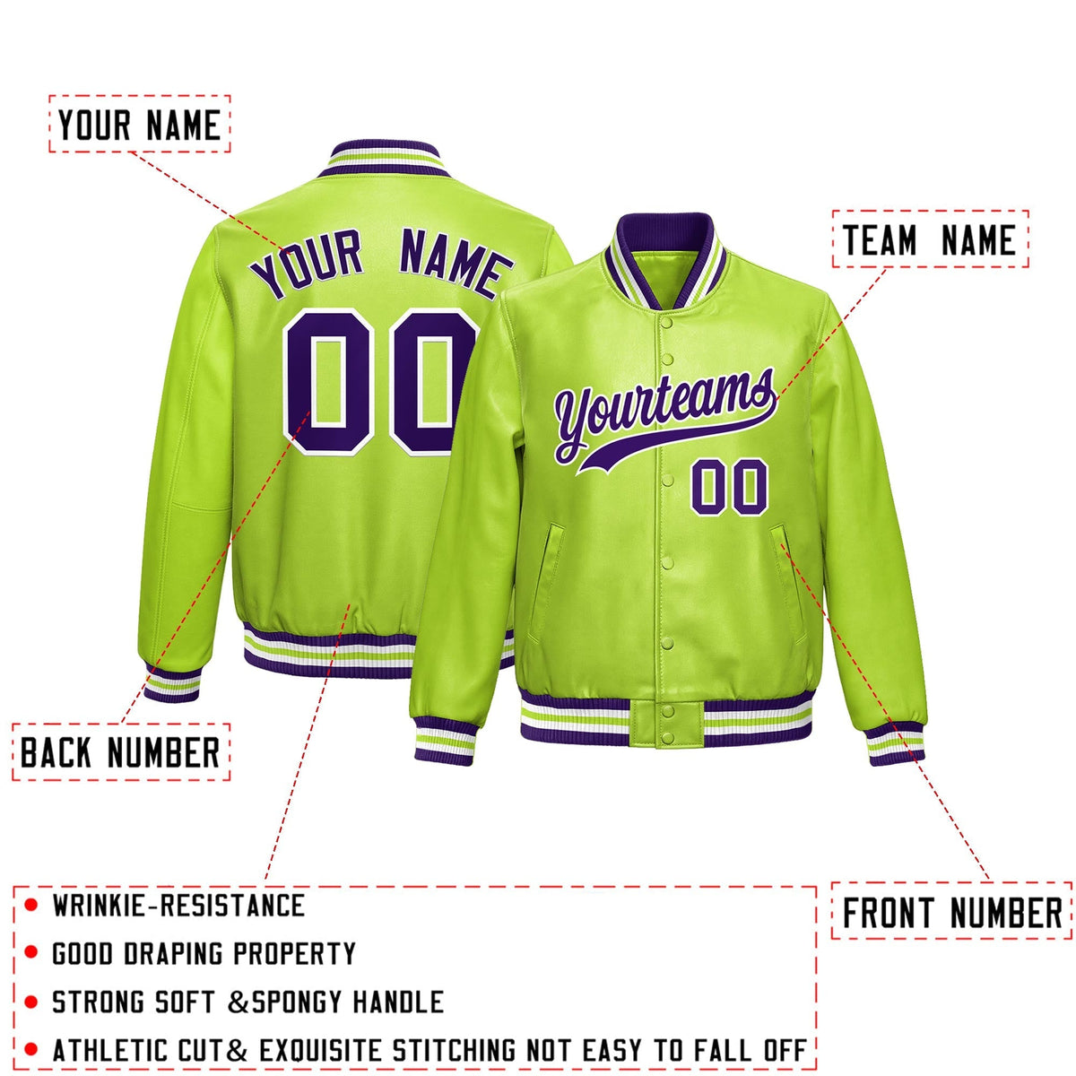 Custom Neon Green Purple Full-Snap Varsity Faux Leather Letterman Jacket| KXKSHOP