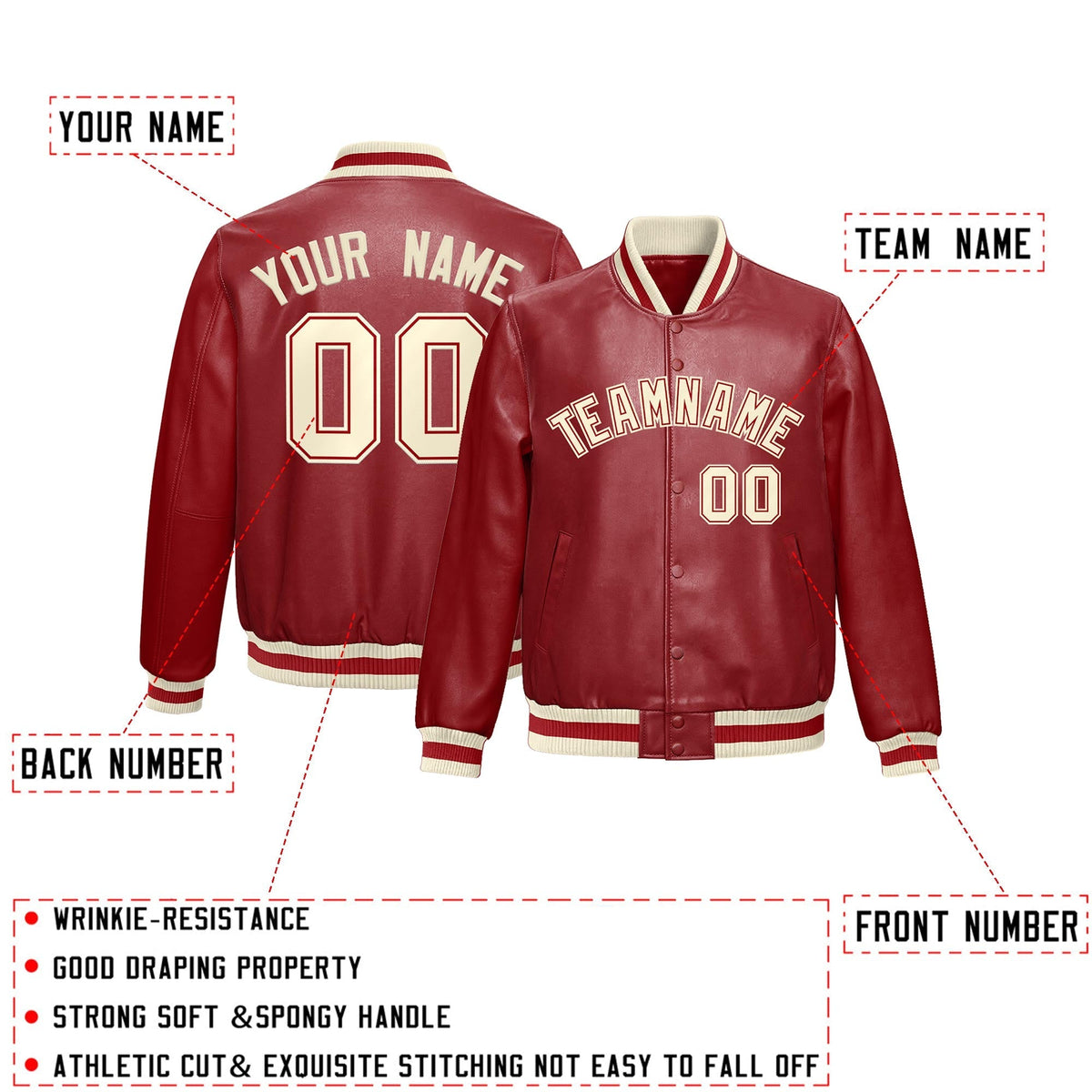 Custom Red Cream Full-Snap Varsity Faux Leather Letterman Jacket| KXKSHOP