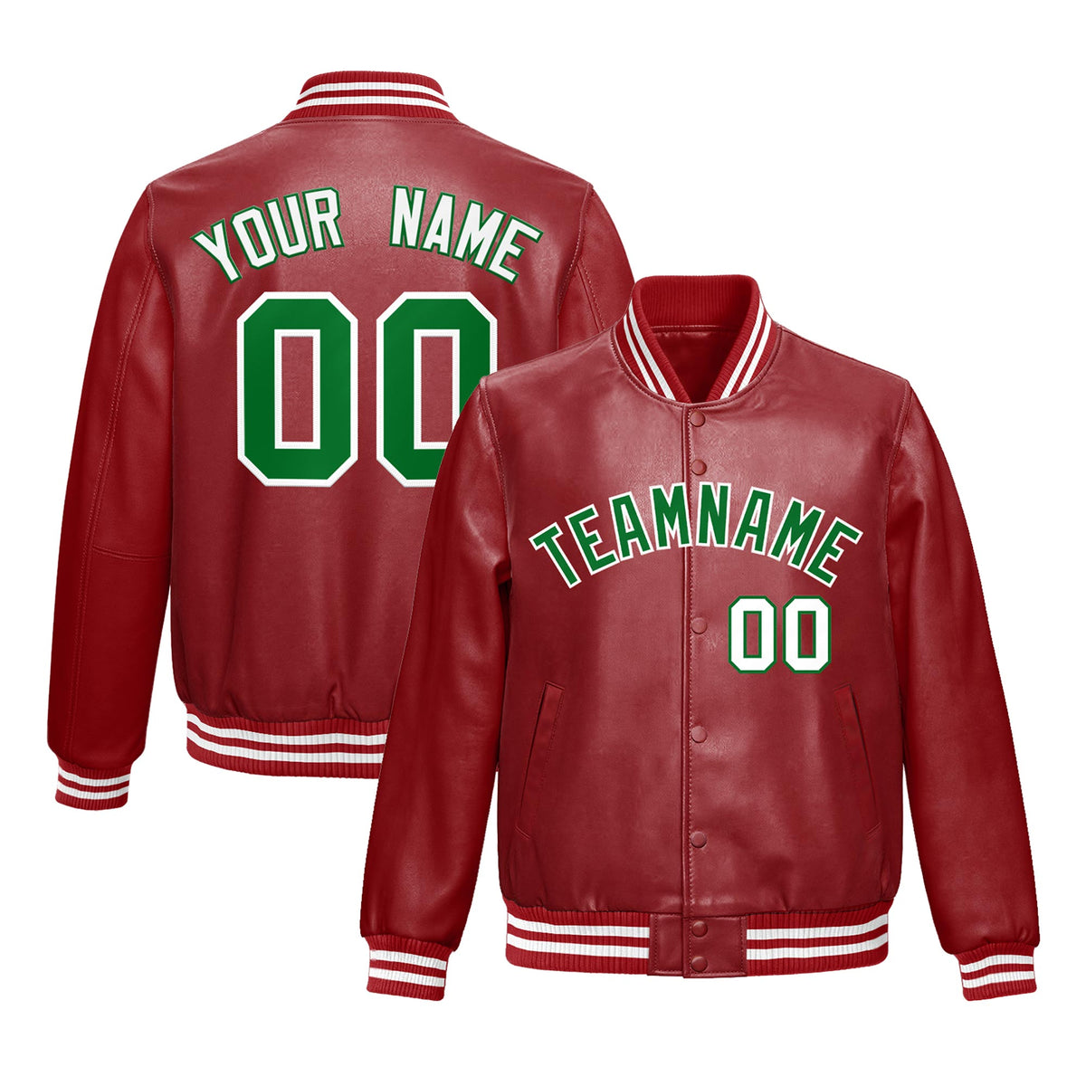 Custom Red Kelly Green Full-Snap Varsity Faux Leather Letterman Jacket| KXKSHOP