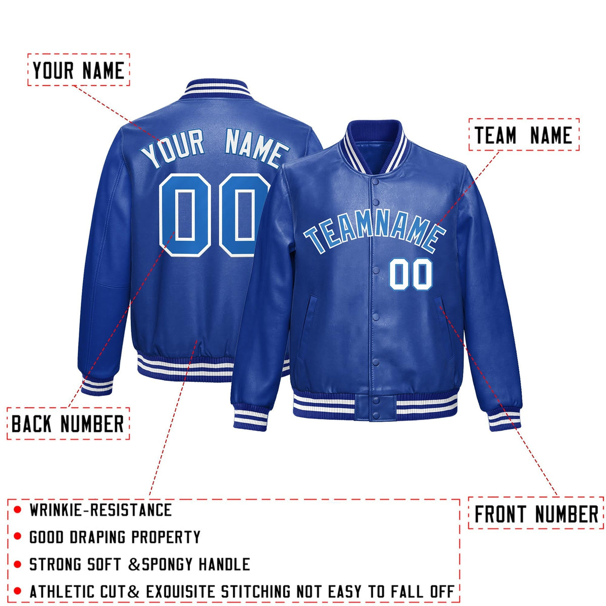 Custom Royal Blue Light Blue Full-Snap Varsity Faux Leather Letterman Jacket| KXKSHOP