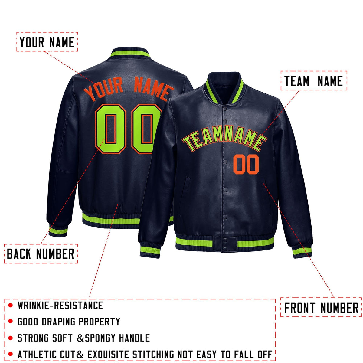 Custom Navy Neon Green Full-Snap Varsity Faux Leather Letterman Jacket| KXKSHOP