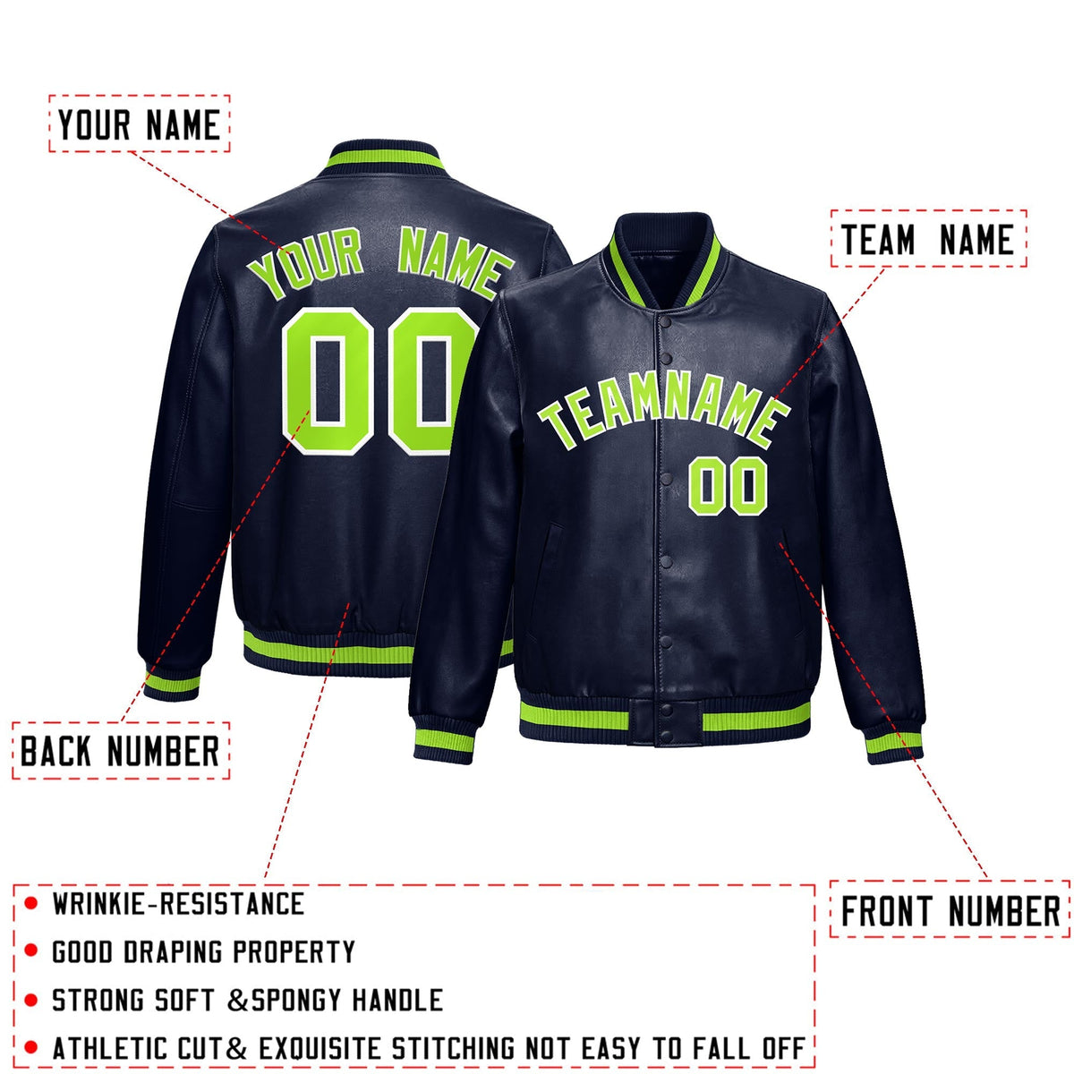 Custom Navy Neon Green White Full-Snap Varsity Faux Leather Letterman Jacket| KXKSHOP