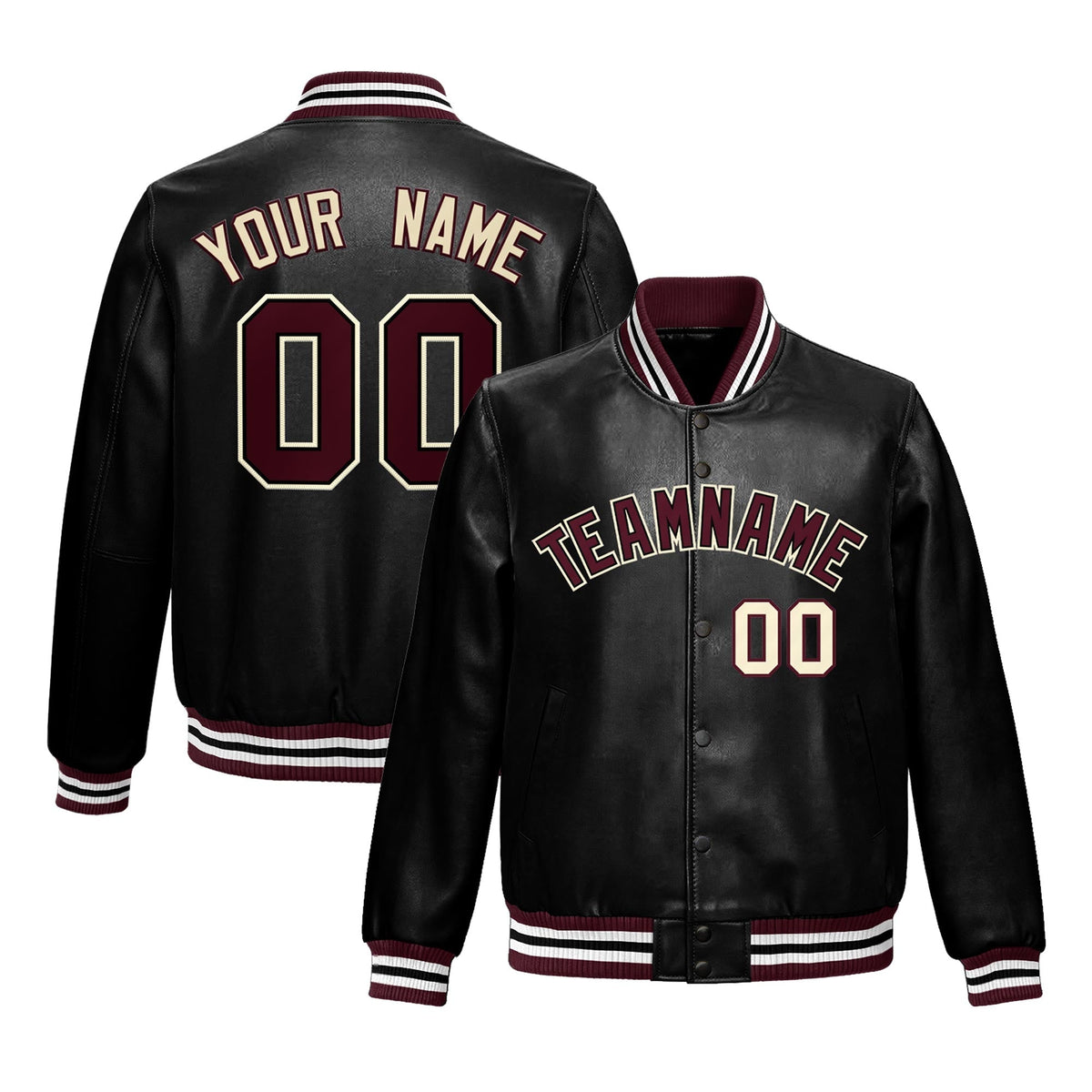 Custom Black Crimson White Full-Snap Varsity Faux Leather Letterman Jacket| KXKSHOP