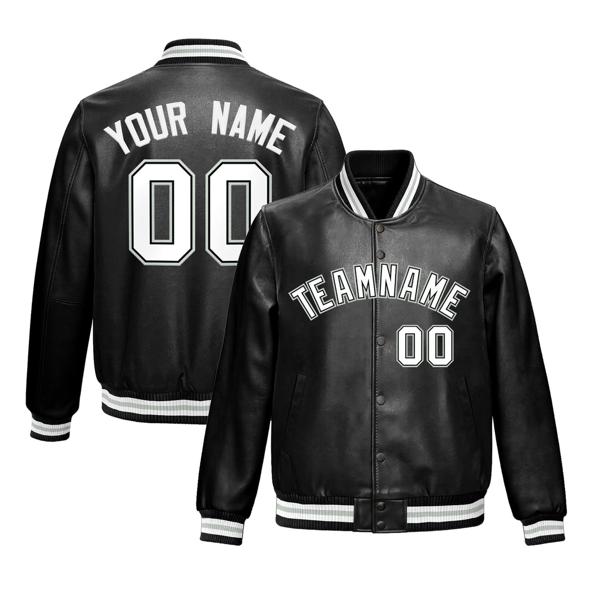 Custom Black White Gray Full-Snap Varsity Faux Leather Letterman Jacket| KXKSHOP