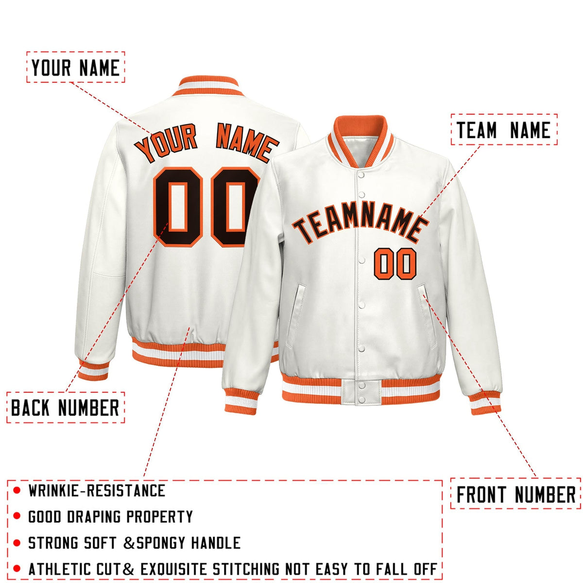 Custom Orange White Full-Snap Varsity Faux Leather Letterman Jacket| KXKSHOP