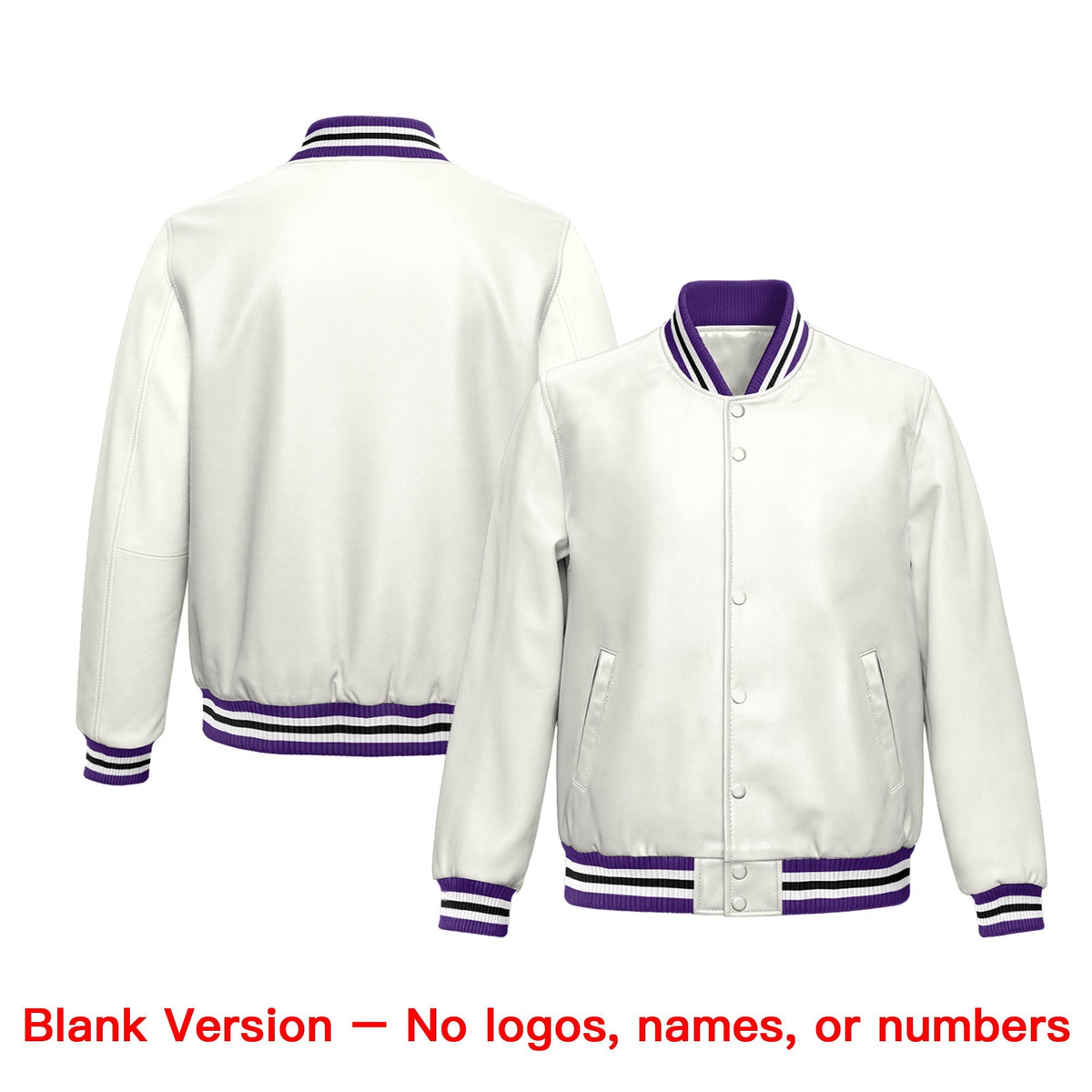 Custom White Purple Full-Snap Varsity Faux Leather Letterman Jacket| KXKSHOP