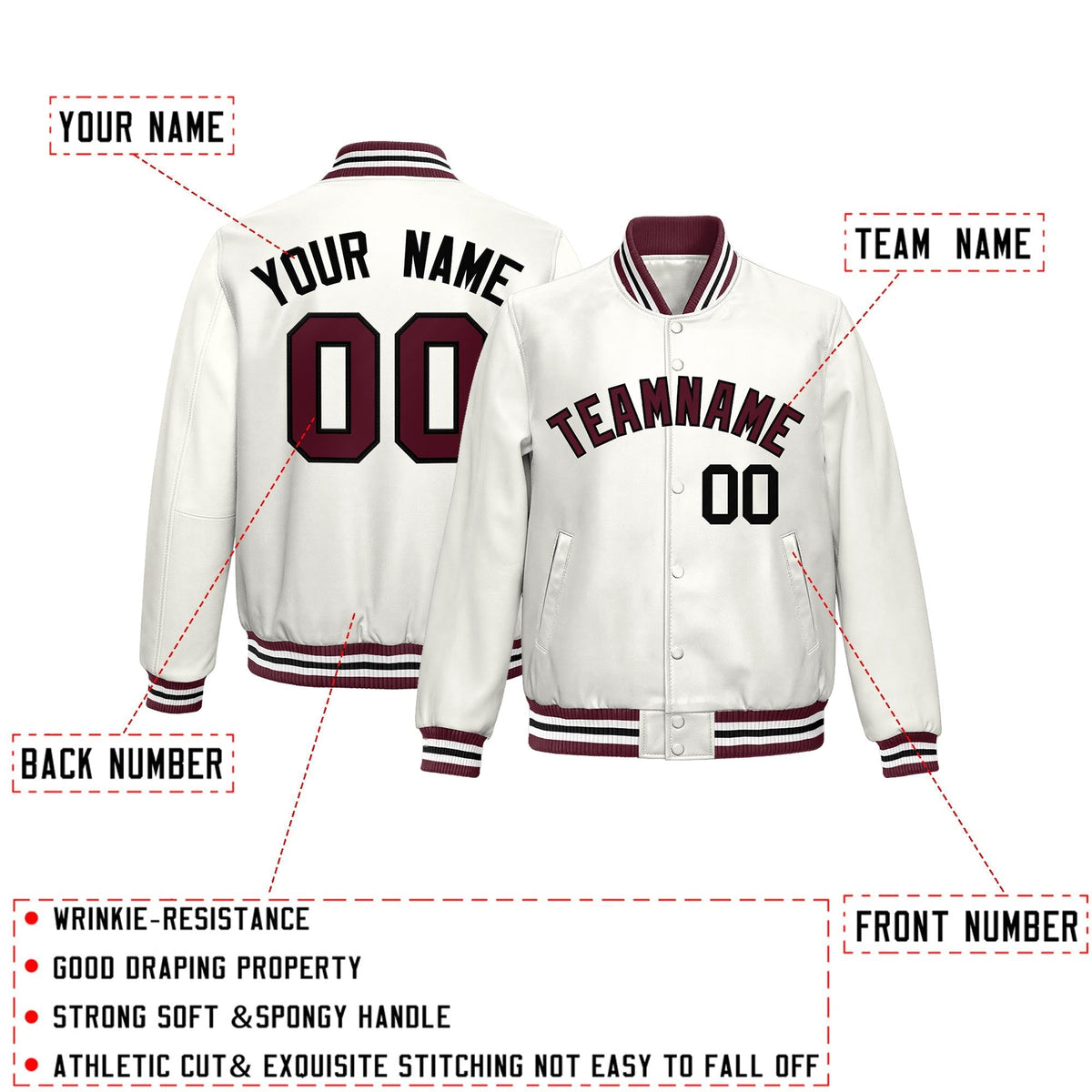 Custom White Crimson Full-Snap Varsity Faux Leather Letterman Jacket| KXKSHOP