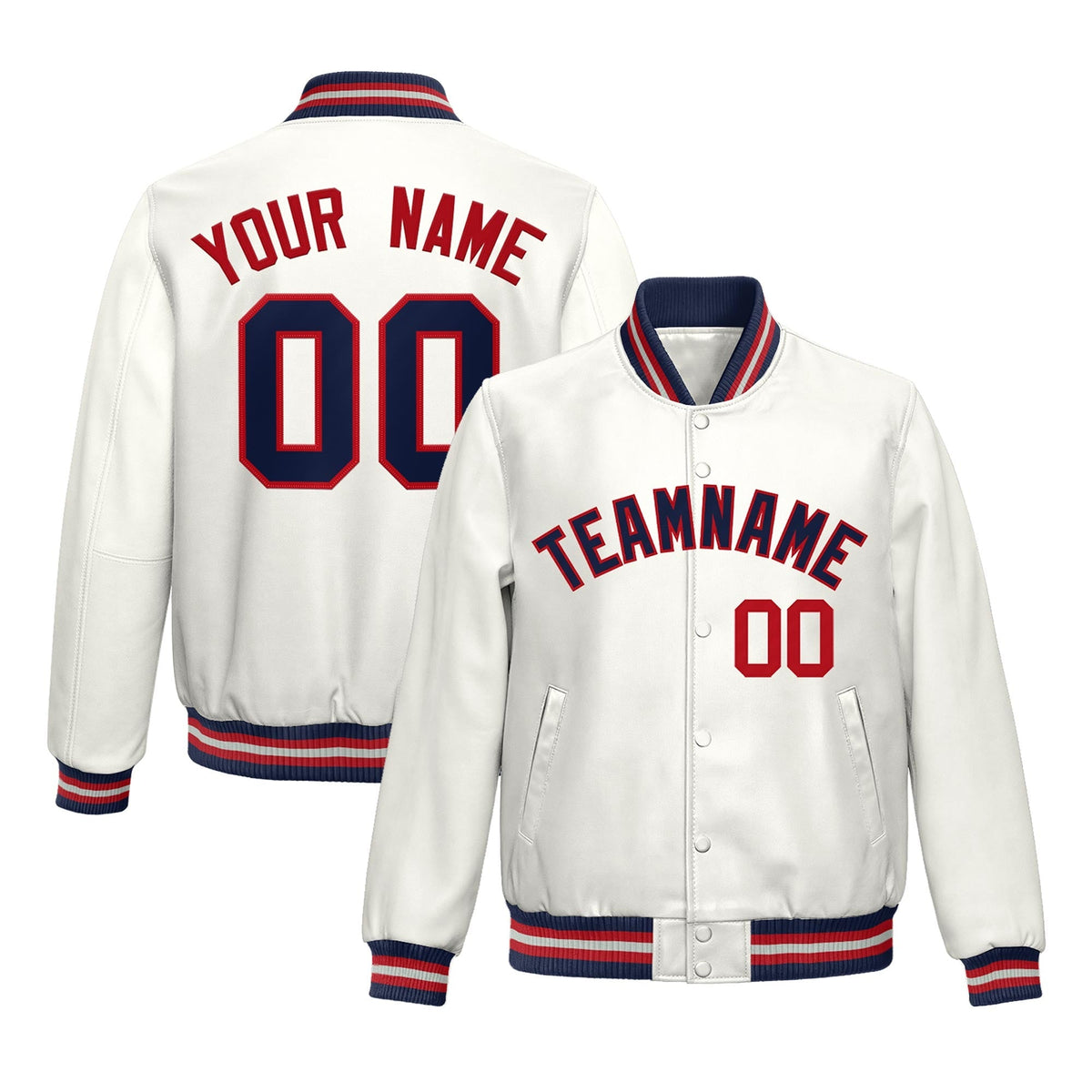 Custom White Navy Red Full-Snap Varsity Faux Leather Letterman Jacket| KXKSHOP