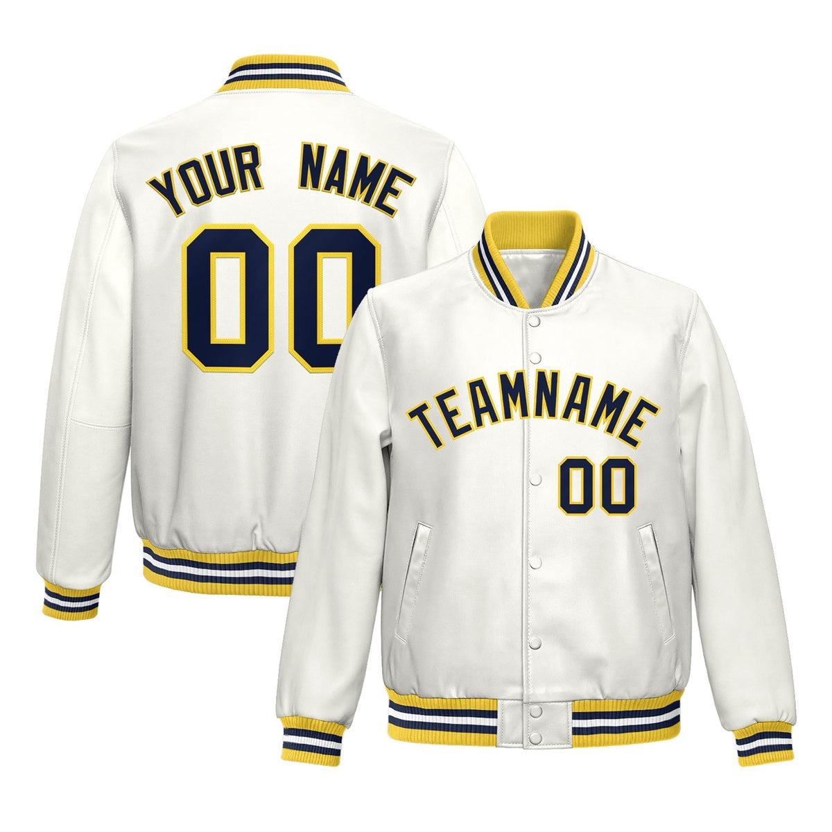 Custom White Yellow Navy Full-Snap Varsity Faux Leather Letterman Jacket| KXKSHOP
