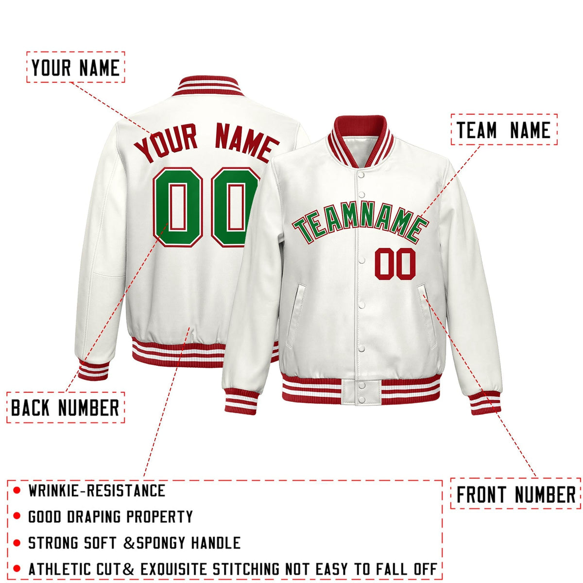 Custom White Kelly Green Full-Snap Varsity Faux Leather Letterman Jacket| KXKSHOP