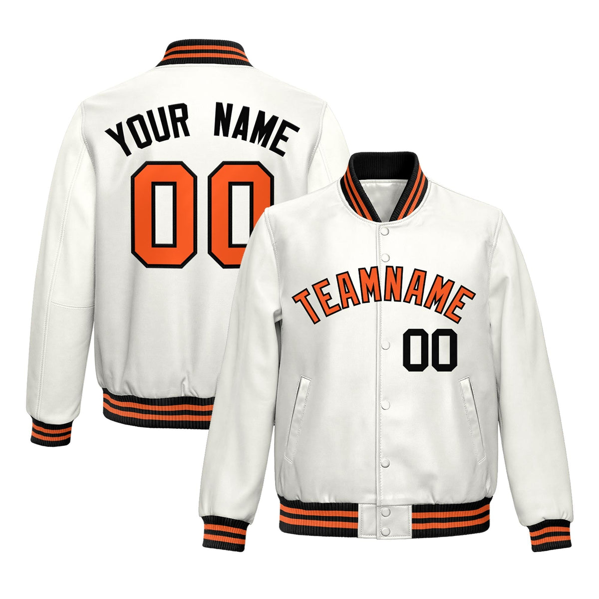 Custom White Orange Full-Snap Varsity Faux Leather Letterman Jacket| KXKSHOP
