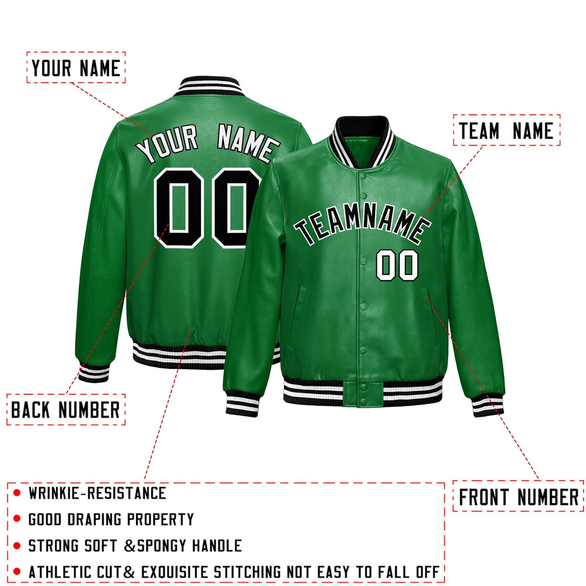 Custom Kelly Green Black Full-Snap Varsity Faux Leather Letterman Jacket| KXKSHOP