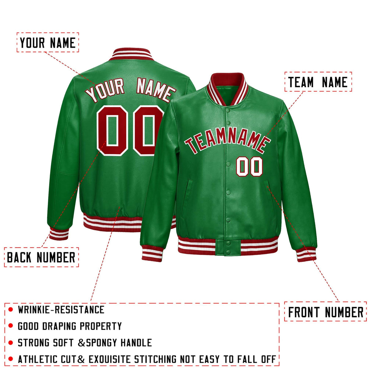 Custom Kelly Green Red Full-Snap Varsity Faux Leather Letterman Jacket| KXKSHOP