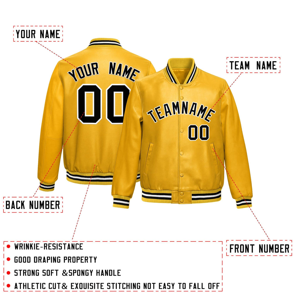 Custom Yellow Black Full-Snap Varsity Faux Leather Letterman Jacket| KXKSHOP