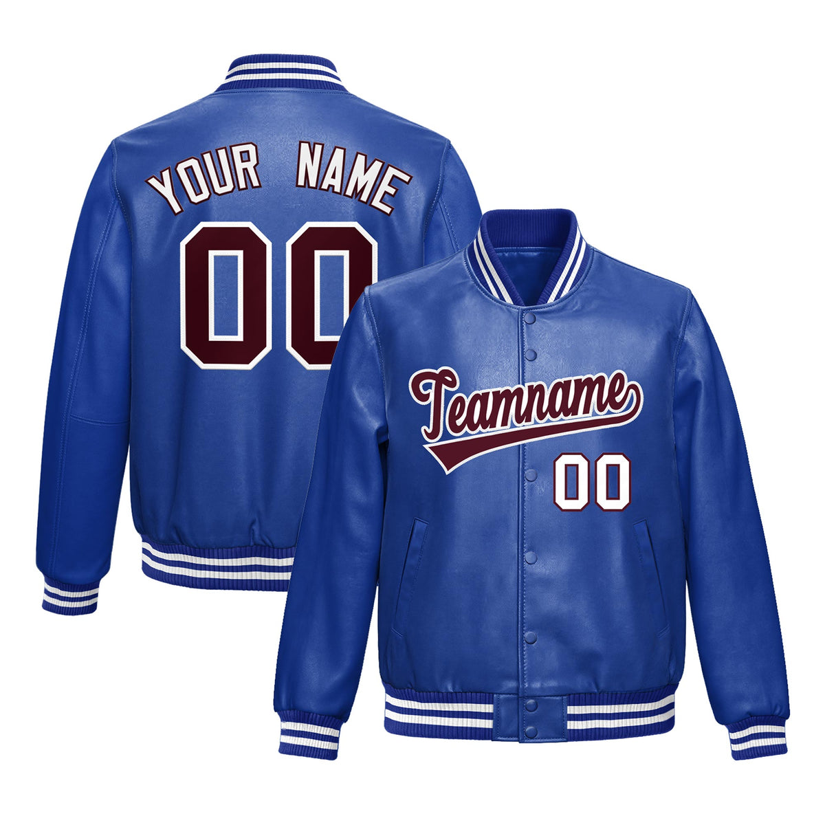 Custom Royal Blue Crimson Full-Snap Varsity Faux Leather Letterman Jacket| KXKSHOP