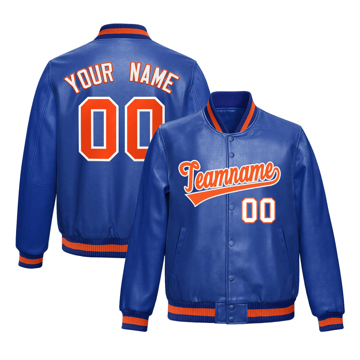 Custom Royal Blue Orange Full-Snap Varsity Faux Leather Letterman Jacket| KXKSHOP