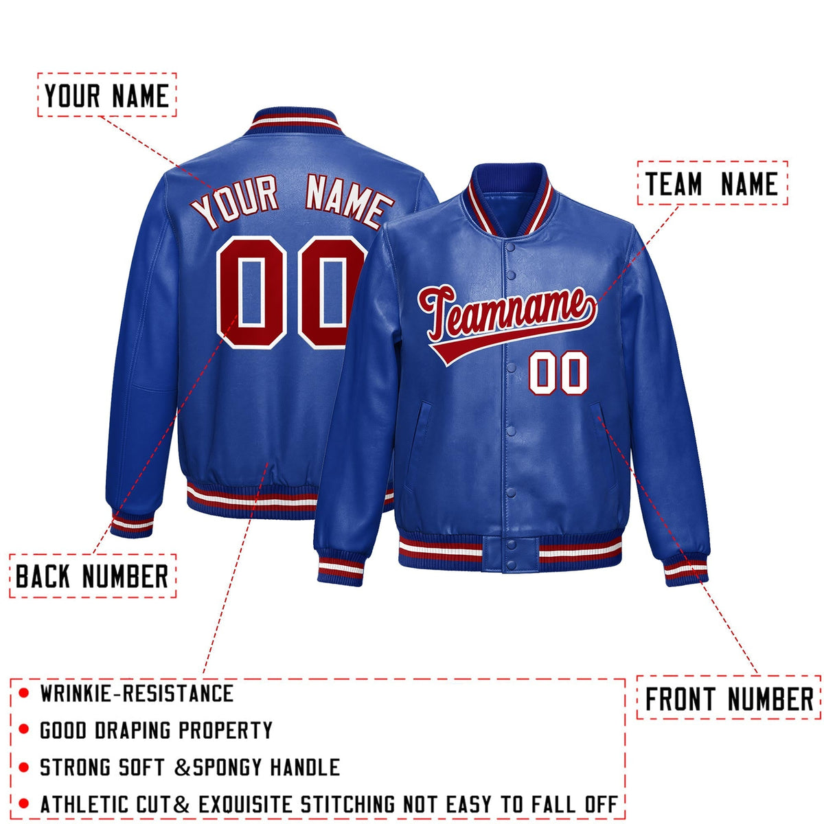 Custom Royal Blue Red White Full-Snap Varsity Faux Leather Letterman Jacket| KXKSHOP
