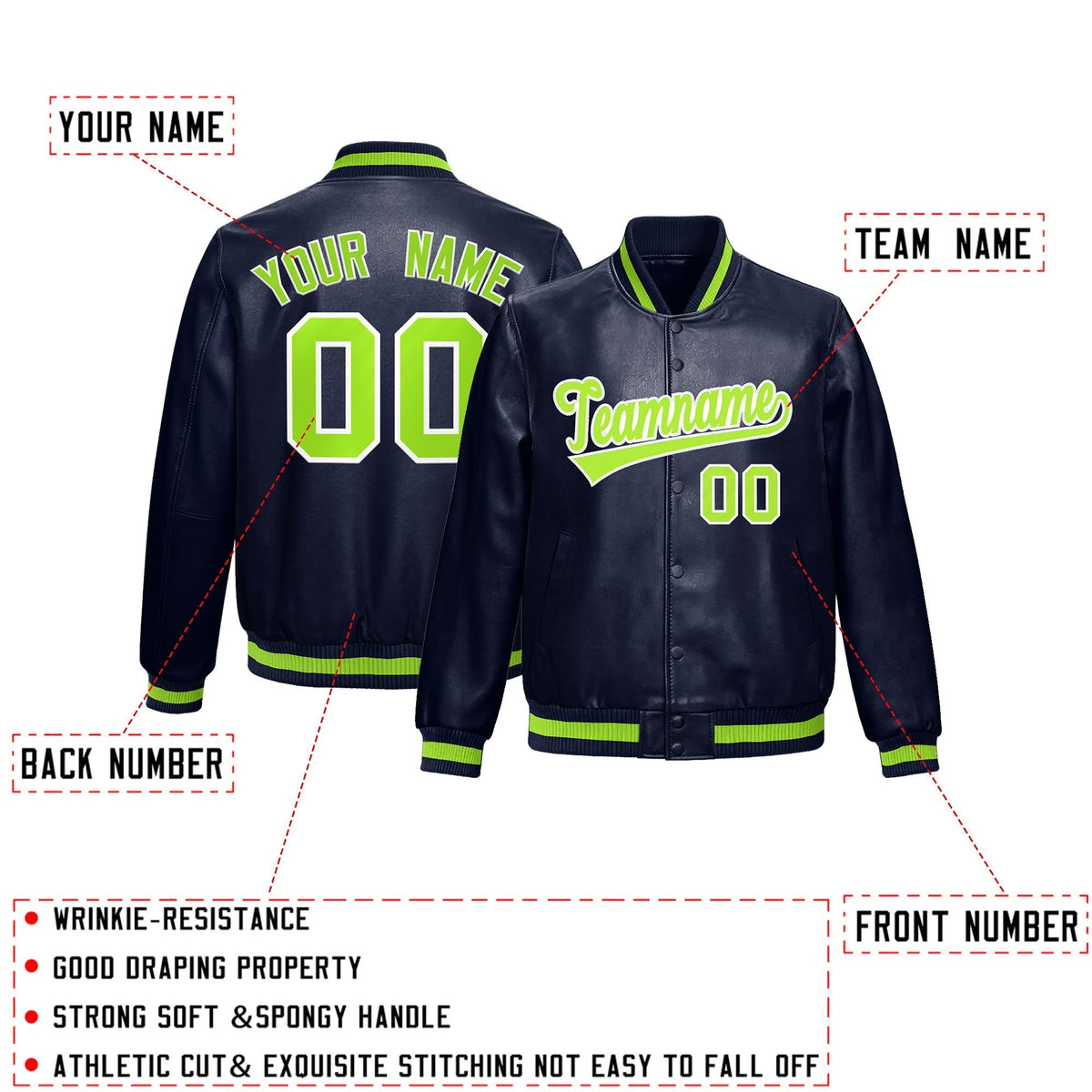 Custom Navy Neon Green White Full-Snap Varsity Faux Leather Letterman Jacket| KXKSHOP