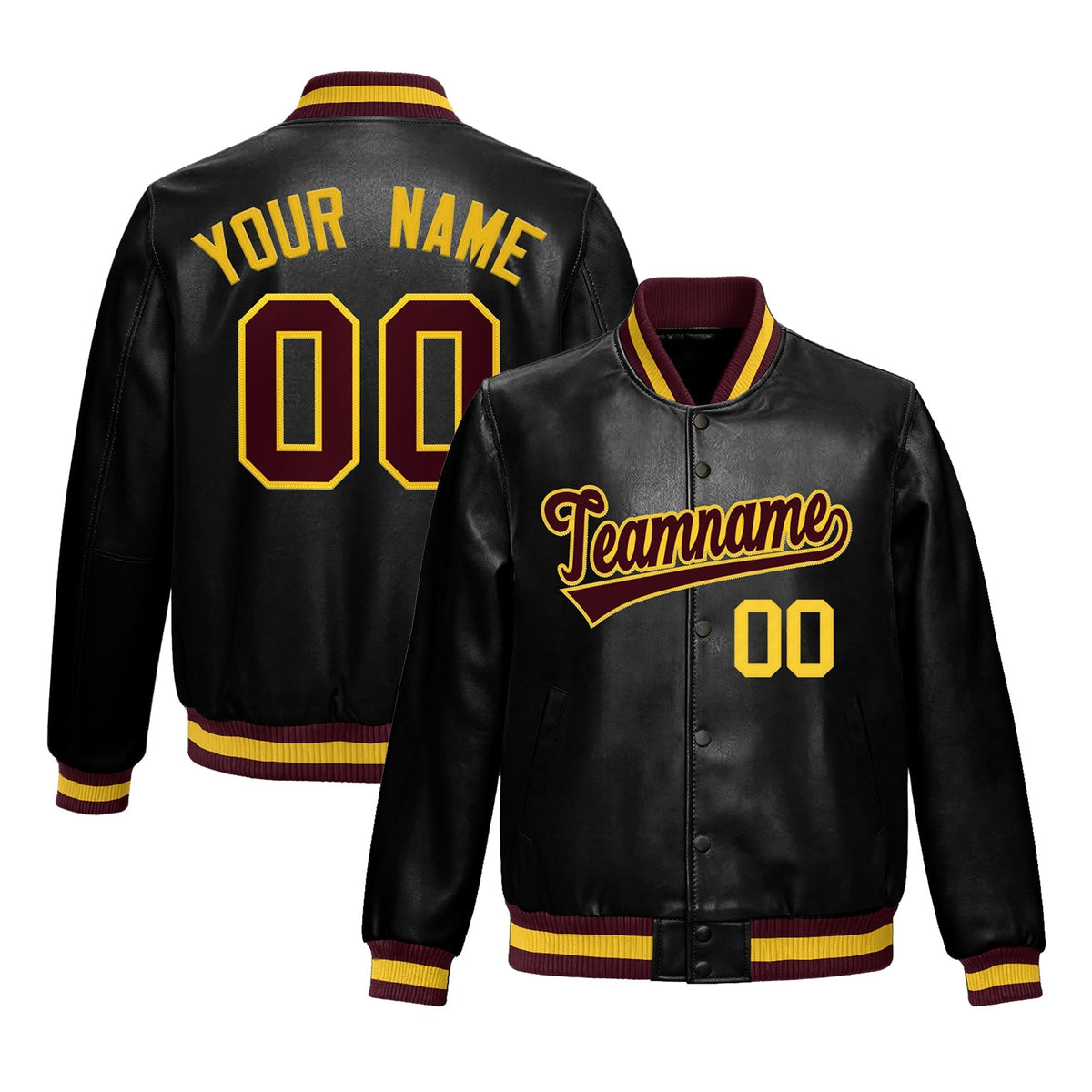 Custom Black Crimson Full-Snap Varsity Faux Leather Letterman Jacket| KXKSHOP