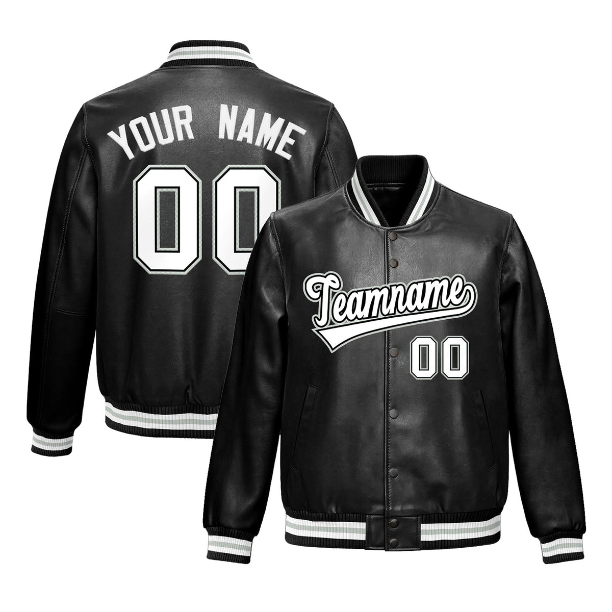 Custom Black White Gray Full-Snap Varsity Faux Leather Letterman Jacket| KXKSHOP