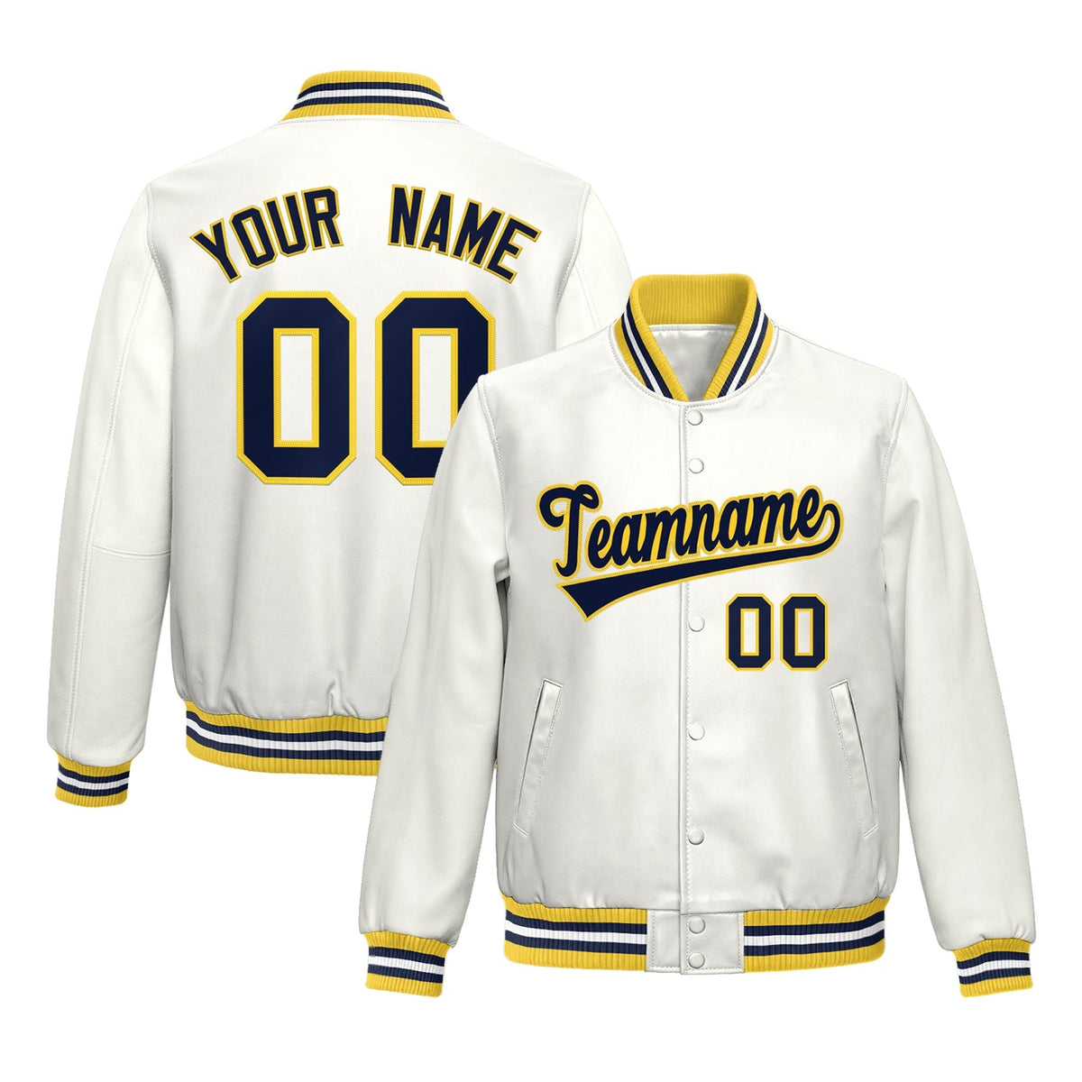 Custom White Yellow Navy Full-Snap Varsity Faux Leather Letterman Jacket| KXKSHOP