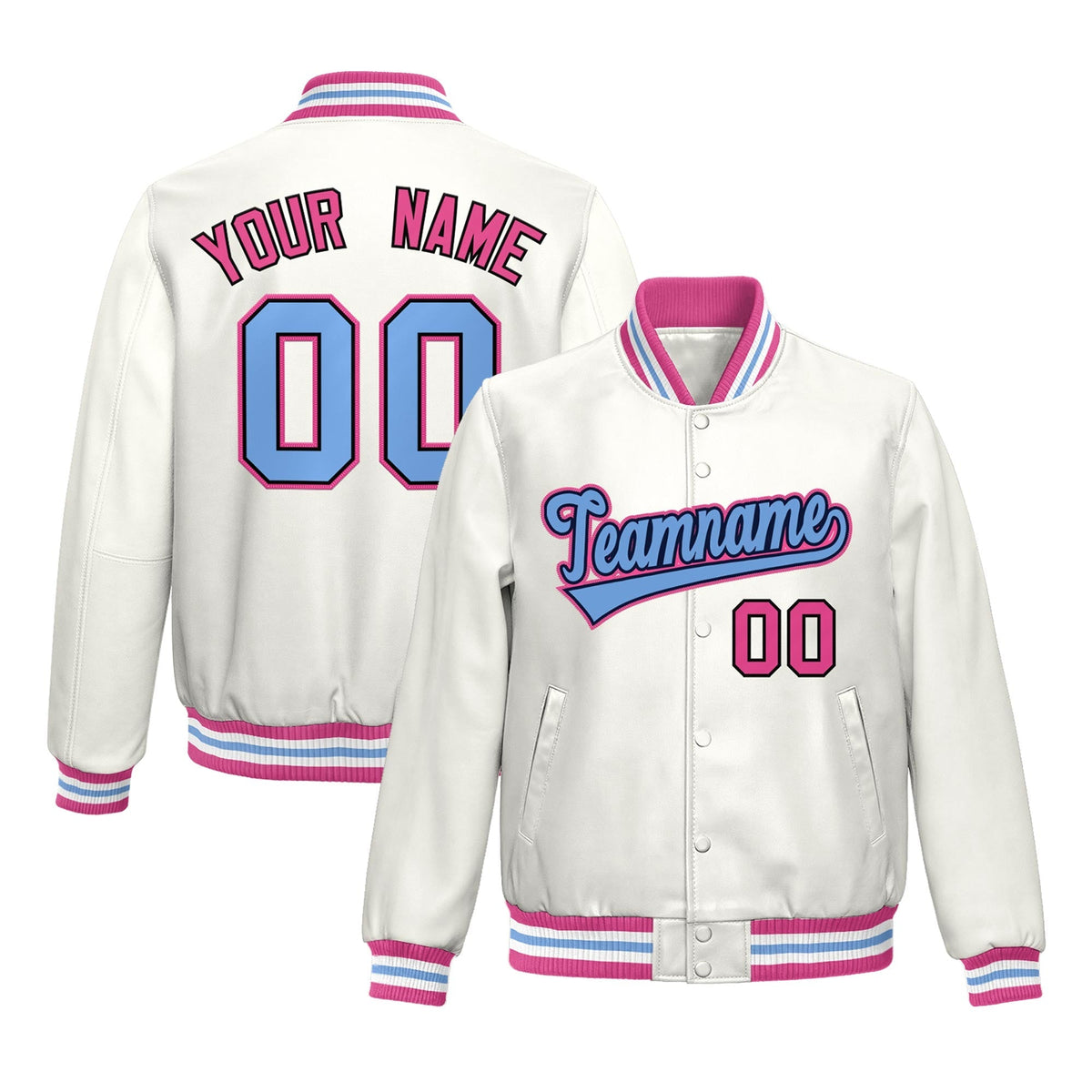 Custom White Pink Full-Snap Varsity Faux Leather Letterman Jacket| KXKSHOP
