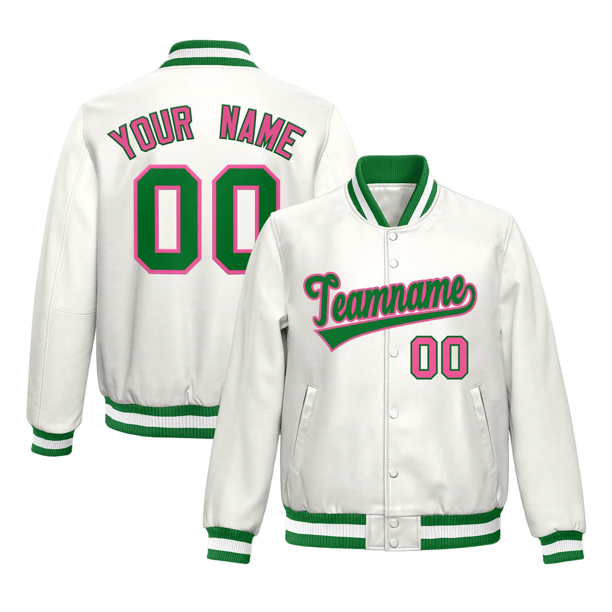 Custom White Kelly Green Pink Full-Snap Varsity Faux Leather Letterman Jacket| KXKSHOP