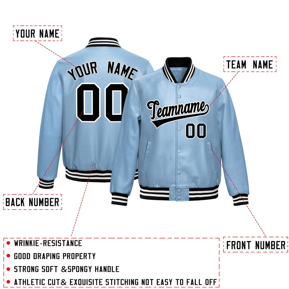 Custom Powder Blue Black Full-Snap Varsity Faux Leather Letterman Jacket| KXKSHOP