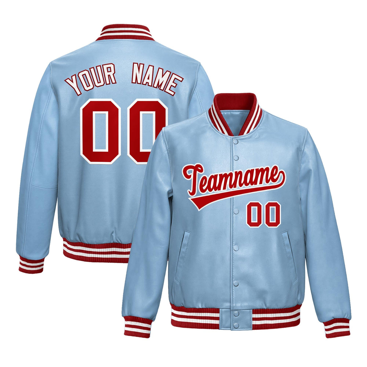 Custom Powder Blue Red Full-Snap Varsity Faux Leather Letterman Jacket| KXKSHOP