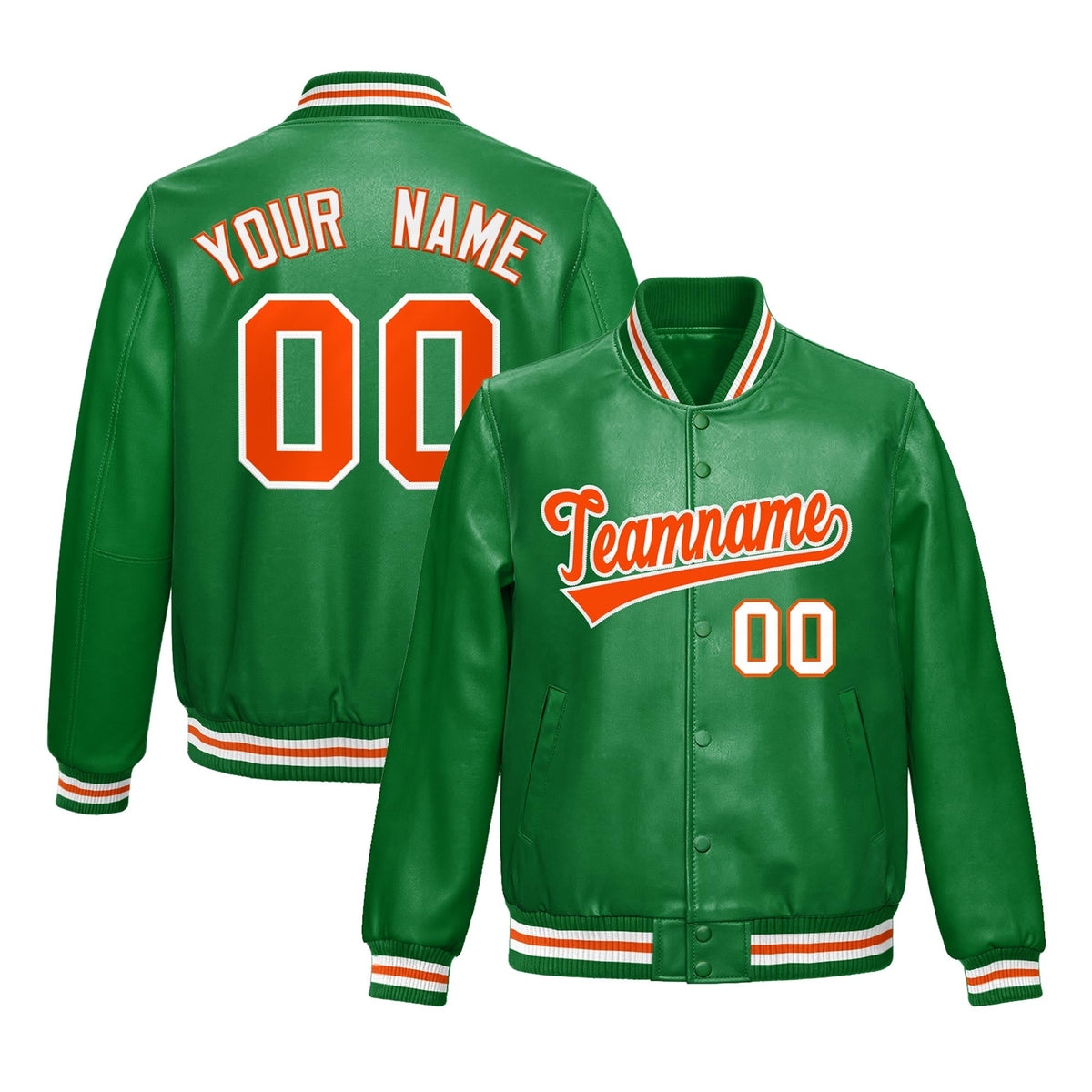 Custom Kelly Green Orange Full-Snap Varsity Faux Leather Letterman Jacket| KXKSHOP
