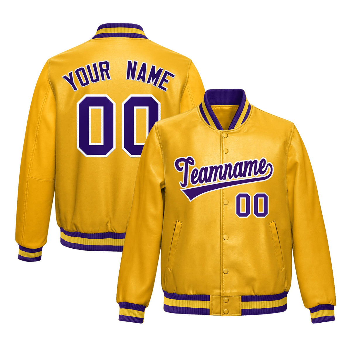 Custom Yellow Purple Full-Snap Varsity Faux Leather Letterman Jacket| KXKSHOP